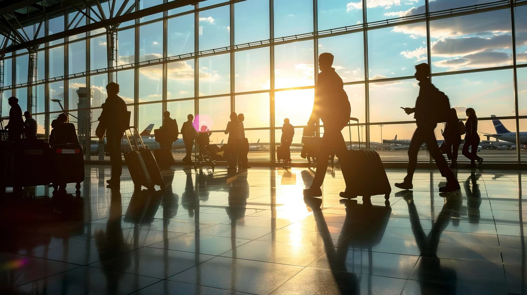 üzleti út csoport kifelé tart a repülőtérről érkezés után naplemente reptér céges repülőjegy